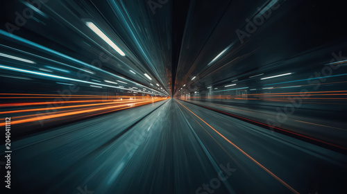 Fast motion blur tunnel with converging lights and reflective floor evoking speed and focus