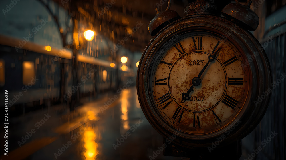 Fototapeta premium Vintage antique clock on a rainy train station platform at night with 2027 printed on dial, time passing concept