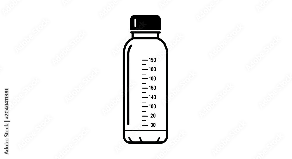 Obraz premium Clean vector line art illustration of a transparent bottle with measurement markings. Ideal for water, protein shakes, or other beverages, emphasizing precise volume tracking and portable hydration