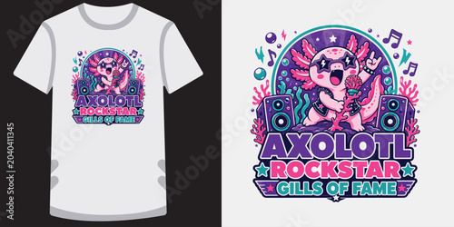 Konstfotografi Axolotl rockstar gills of fame t-shirt design with cool singing character