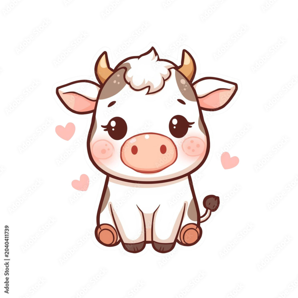 Fototapeta premium Cute Shy Cow Blushing Kawaii Cartoon Mascot Illustration