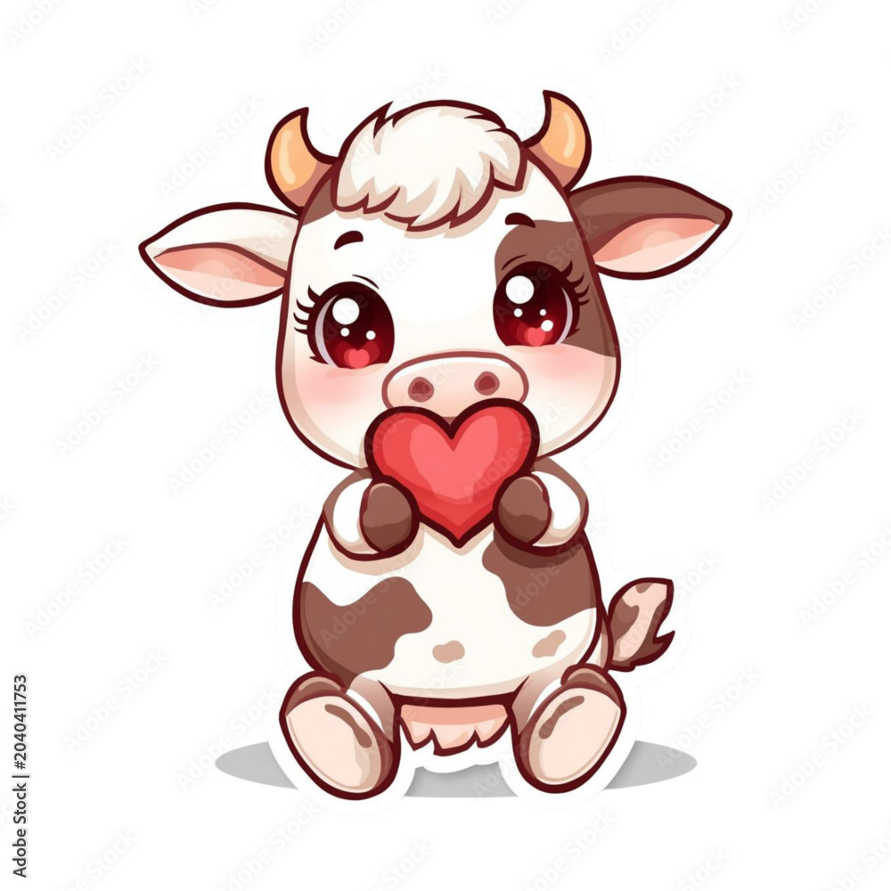 Fototapeta premium Cute Cow Holding Heart Kawaii Love Mascot Illustration