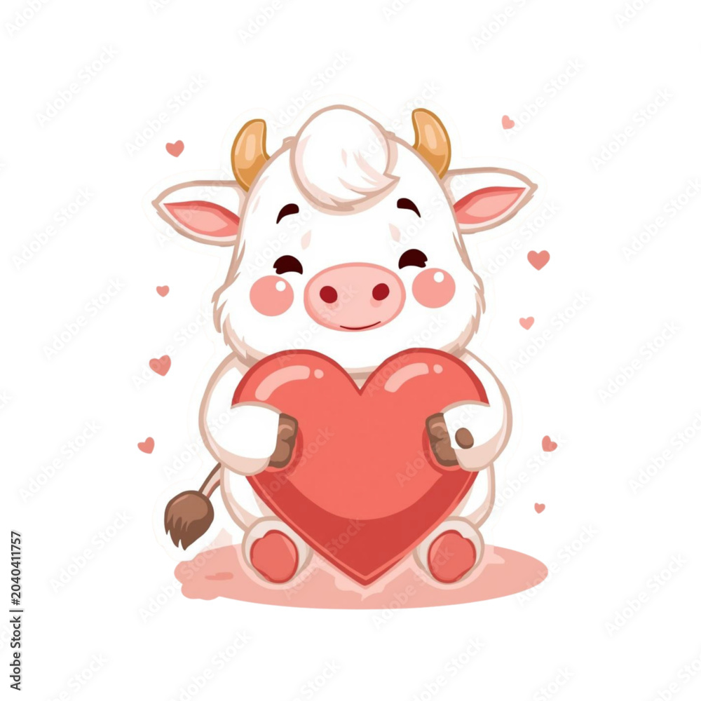 Fototapeta premium Cute Cow Holding Heart Kawaii Love Mascot Illustration