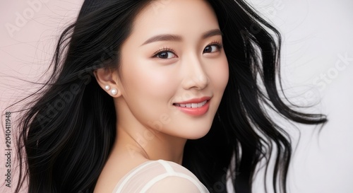 Asian woman with long black hair and elegant pearl earrings smiling