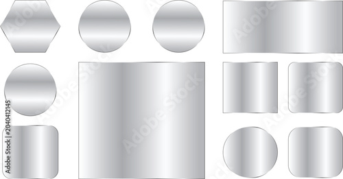 Set of metallic silver buttons and frames of various shapes, including circles, squares, rectangles, and hexagons with a glossy gradient finish for web and ui design elements