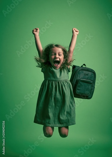 Excited Girl Jumping with Backpack Against Green Background