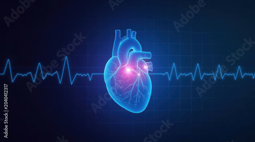 Glowing anatomical heart with heartbeat waveform and medical monitoring feel