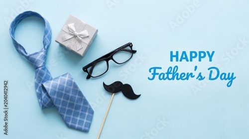 Father's day gifts and accessories on blue background happy father's day text