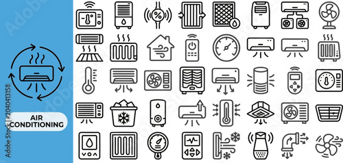 Air Conditioner outline icon set. Featuring fan, vent, ac unit, thermostat, and snowflake symbols. Editable stroke vector icons for hvac repair and climate comfort.