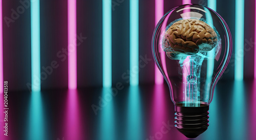 Intricate human brain model encased inside a glowing glass light bulb featuring vibrant magenta and cyan neon lighting effects captured in a high resolution digital three dimensional artistic render s