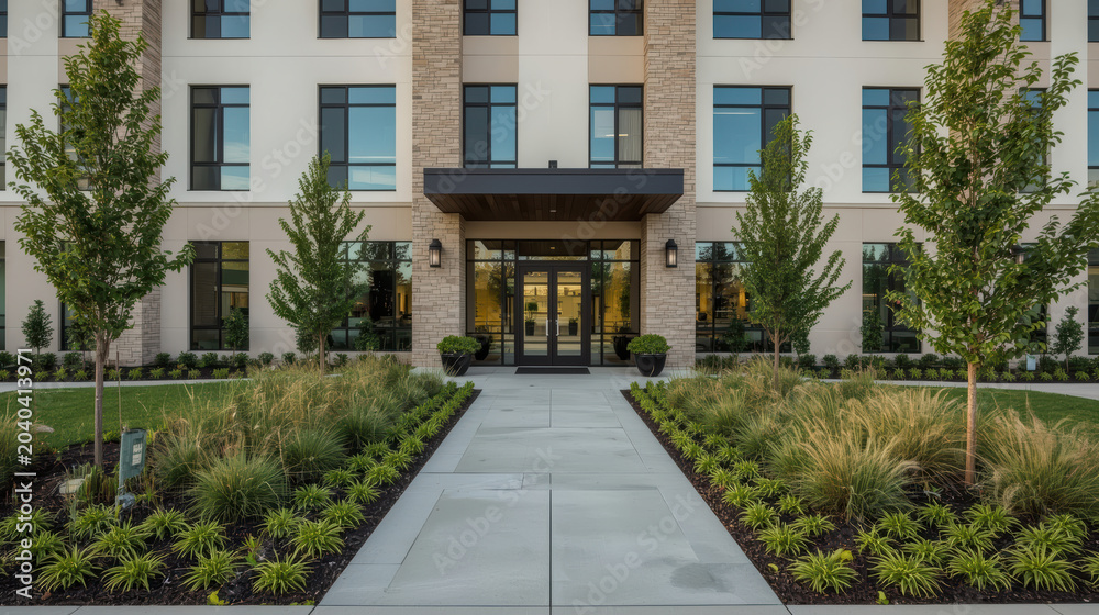 Obraz premium Modern building entrance with clean landscaping and welcoming pathway
