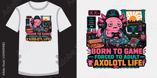 Quadro em tela Sleepy axolotl gamer playing video games in bed forced to adult.