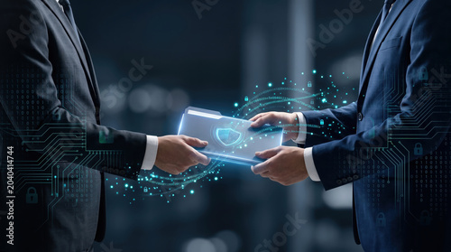 Data security digital agreement corporate handshake cyber network secure document technology partnership business encryption protection privacy secure transfer file sharing innovation cyberspace