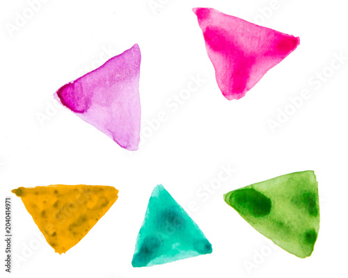 Abstract pattern with multi-colored triangles on a white background, watercolor hand drawing
