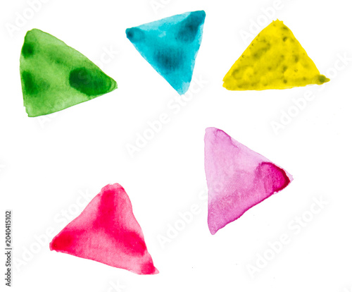 Abstract pattern with multi-colored triangles on a white background, watercolor hand drawing