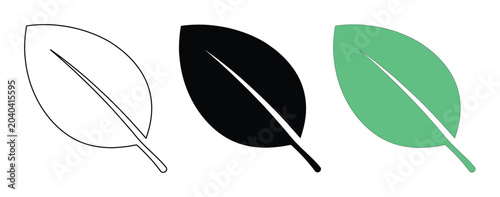 Obraz na plátně Minimalist Leaf Icon Set, three distinct vector leaf designs in outline, solid black, and green, perfect for nature, eco, and organic branding