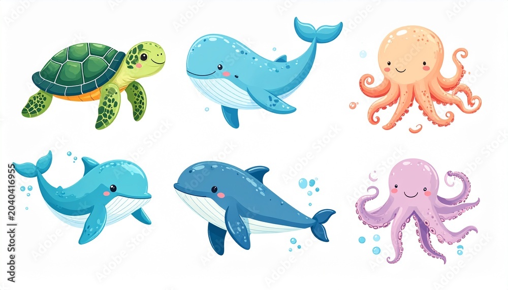 Fototapeta premium Adorable sea animal vector set featuring turtle, whale, octopus, dolphin, and squid in water
