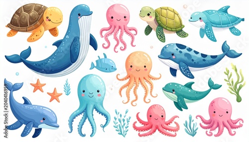 Adorable sea creatures swim together in an underwater scene with dolphin, turtle, whale, octopus, and sea animal vector illustrations.