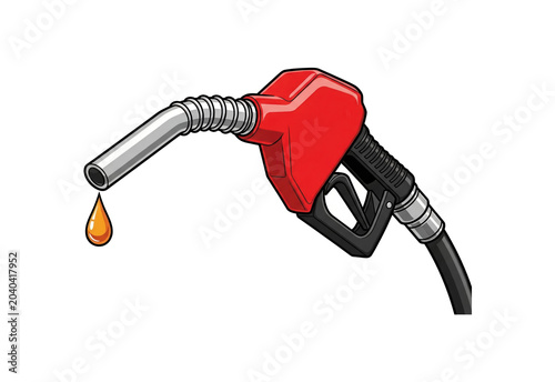 Red gasoline nozzle with dripping fuel, symbolizing fuel, energy, and gas station