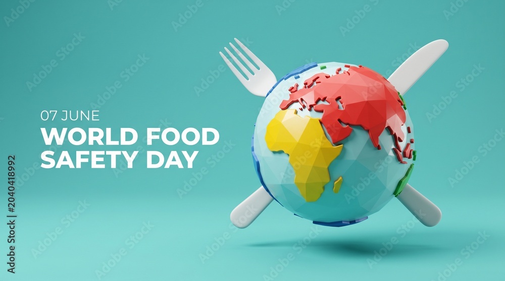 Naklejka premium World food safety day concept with a globe and cutlery on a blue background
