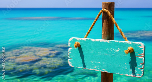 Blank turquoise wooden sign hanging on a beach post. Tropical sea and coral reef background with bright sunny lighting. Summer vacation and travel concept, ideal for copy space and advertising.
