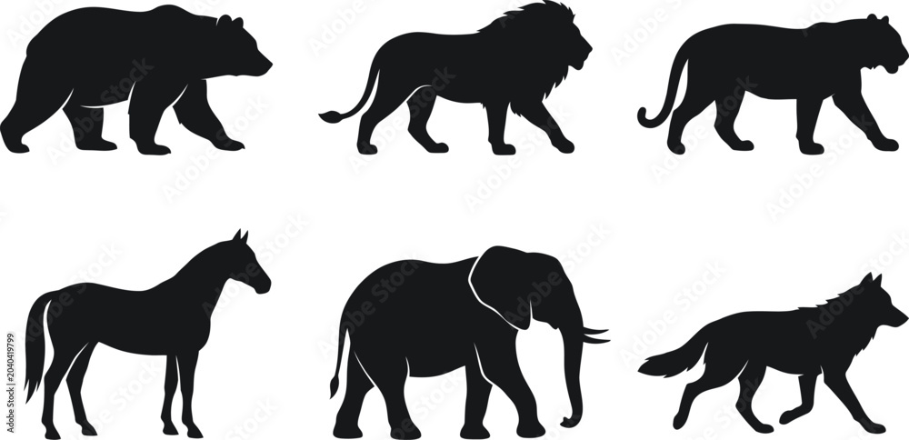 Obraz premium Animal Silhouettes Bear Lion Tiger Horse Elephant And Wolf