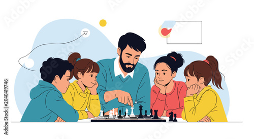 Patient male teacher teaching a group of attentive young students how to play chess on a board in a quiet classroom setting.