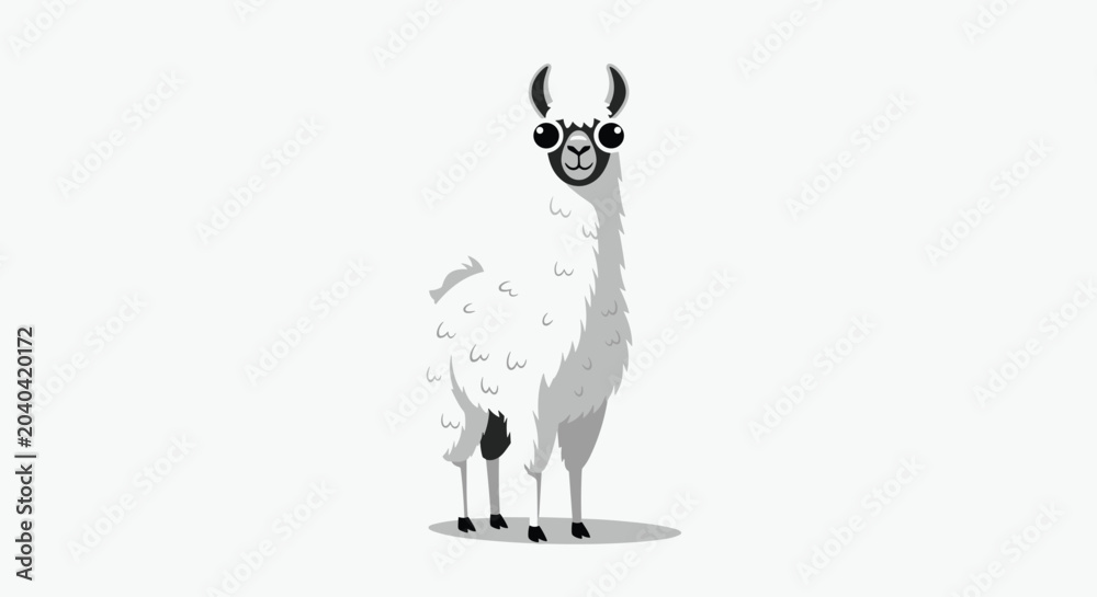 Fototapeta premium Cute black and white illustration of a fluffy llama standing gracefully against a simple grey background with soft light.