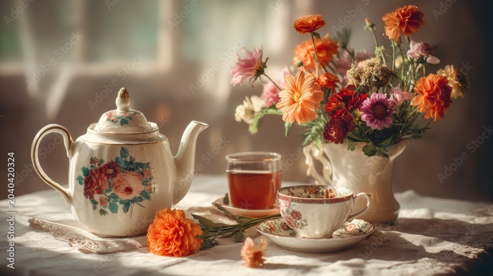 Fototapeta premium Charming vintage tea setup with floral teapot, delicate cup, and fresh garden flowers creating a warm and inviting atmosphere for serene moments