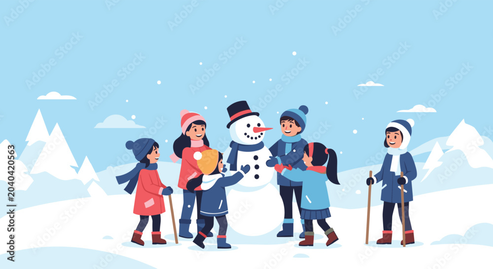 Fototapeta premium Group of children in warm winter clothes building a large snowman in a beautiful snowy mountain landscape setting.