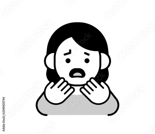 のど・口の痛みを訴える女性のアイコンイラスト｜口内炎・歯痛・驚き・不安