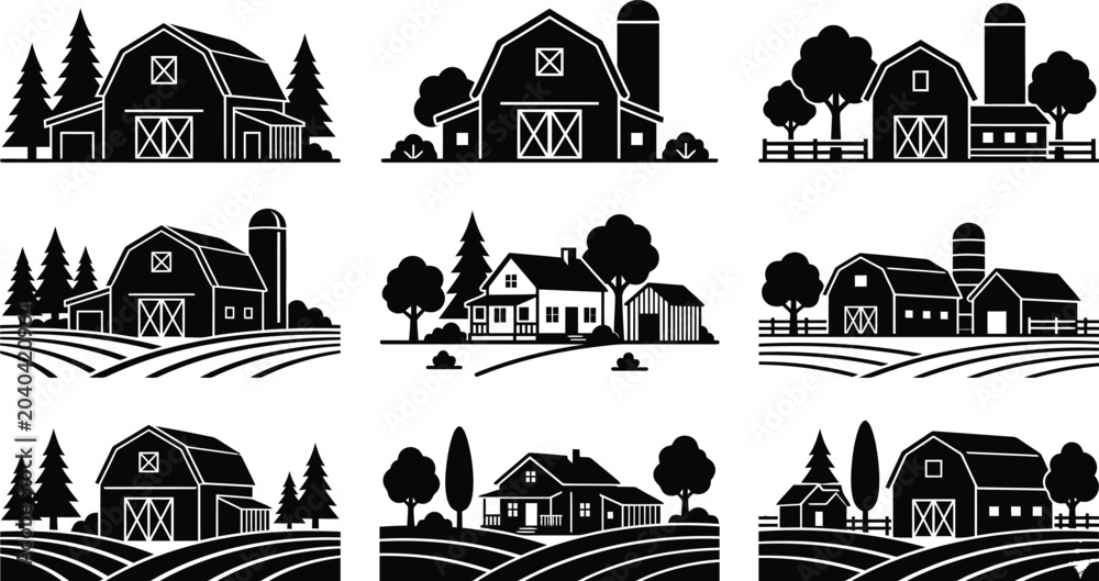 Obraz premium Agricultural Farmhouse and Barn Skyline Icons Featuring Rural Country Scenes