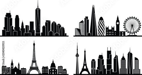 Schilderij op canvas World City Skyline Silhouettes Featuring Famous Global Landmarks and Architectur