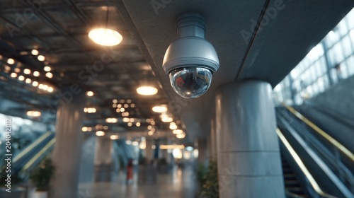 Surveillance Camera in Modern Interior: A modern CCTV camera is mounted on a ceiling in a public building, monitoring the surroundings with its dome-shaped lens.