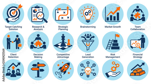Business Strategy Icons Set for Planning and Growth.
