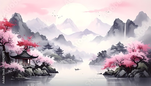 A serene landscape with pink cherry blossoms, a pagoda, and misty mountains