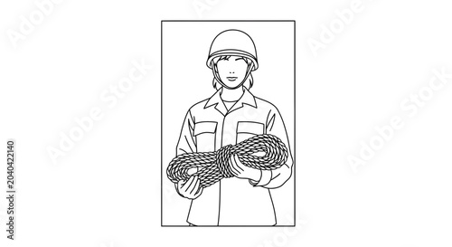 Worker in hard hat holding coiled rope, safety equipment, industrial supplies