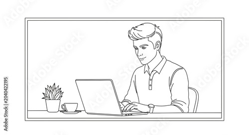 Young man working on laptop at desk with coffee and plant, focused on screen