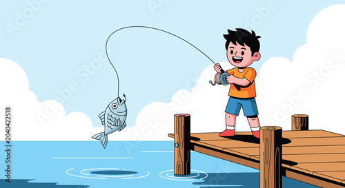 Happy young boy standing on a wooden pier successfully catches a large fish using his fishing rod under a clear blue sky with white clouds.