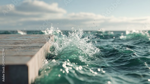 Ocean Waves Crashing on Dock: Crystal clear turquoise ocean waves crash against the edge of a wooden dock, with sunlit spray sparkling in the air under a partly cloudy sky.