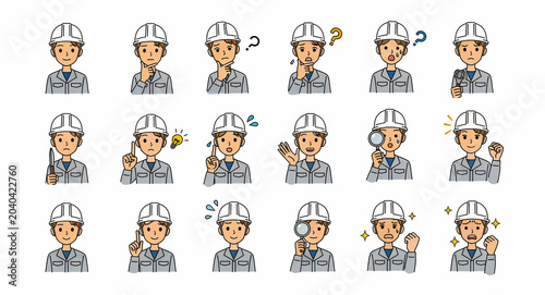 Male construction worker icon set with various facial expressions and gestures. Engineer character in hard hat showing thinking and pointing. Industrial staff concept for training and safety manuals.