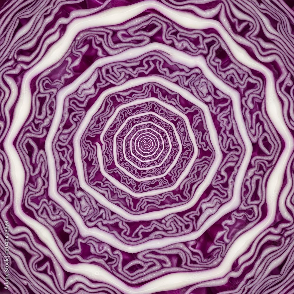 Obraz premium Abstract red cabbage spiral pattern, concentric shapes detail