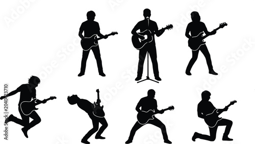Foto Energetic silhouettes of guitarists performing live music with expressive poses,