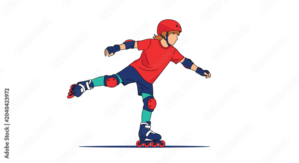 Fototapeta premium Young boy in a red shirt and protective gear performing a trick on roller skates while balancing on one leg with arms outstretched.