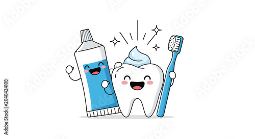 Cute cartoon characters of a happy white tooth a blue tube of toothpaste and a toothbrush celebrating dental hygiene together.