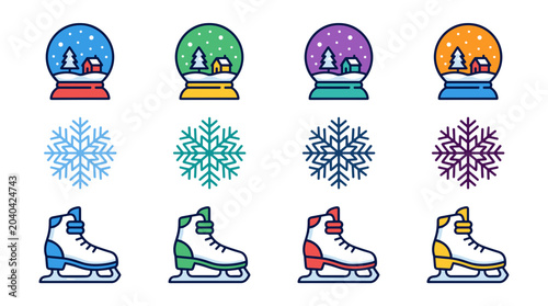 Set of colorful winter holiday icons including snow globe and snowflake