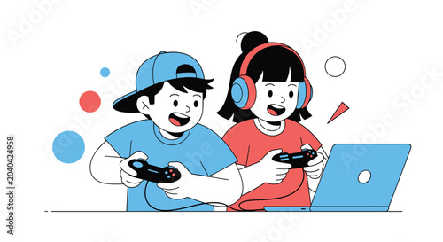 Excited boy and girl wearing headphones playing video games together on a laptop in a modern flat vector illustration.