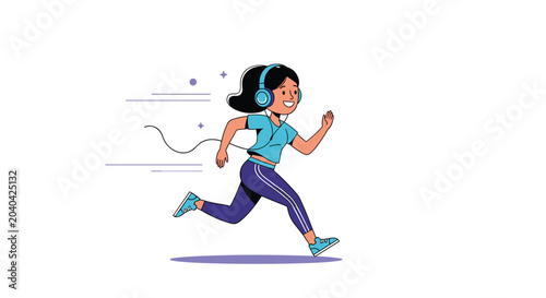 Energetic girl wearing headphones running and enjoying music in a dynamic and colorful flat vector lifestyle illustration.