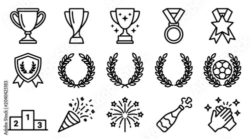 Collection of award trophies medals and celebration icons