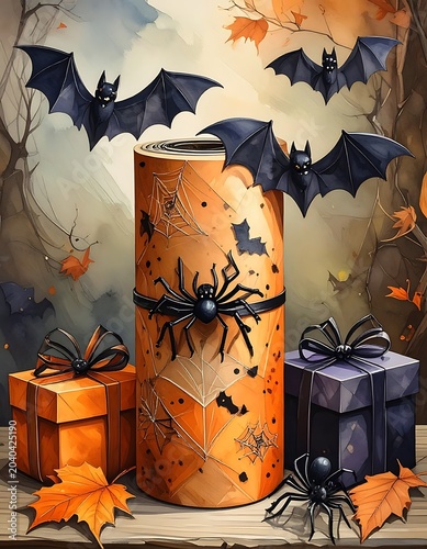 A Halloween-themed still life with orange can and gifts